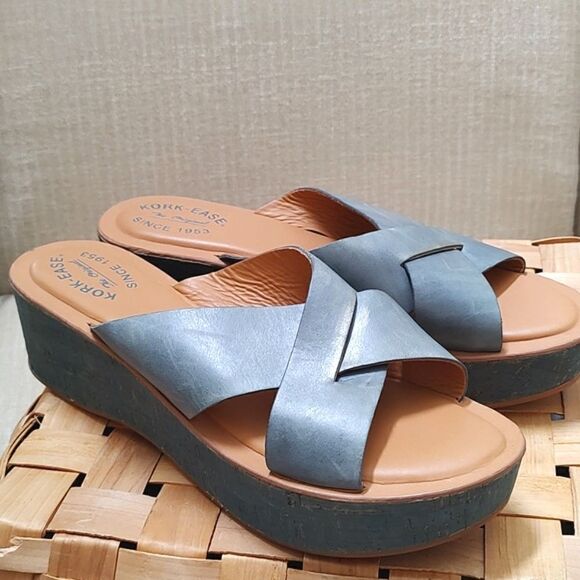 Kork-Ease Sabrina Blue Leather Criss Cross Platform Wedge Sandals - Picture 10 of 10